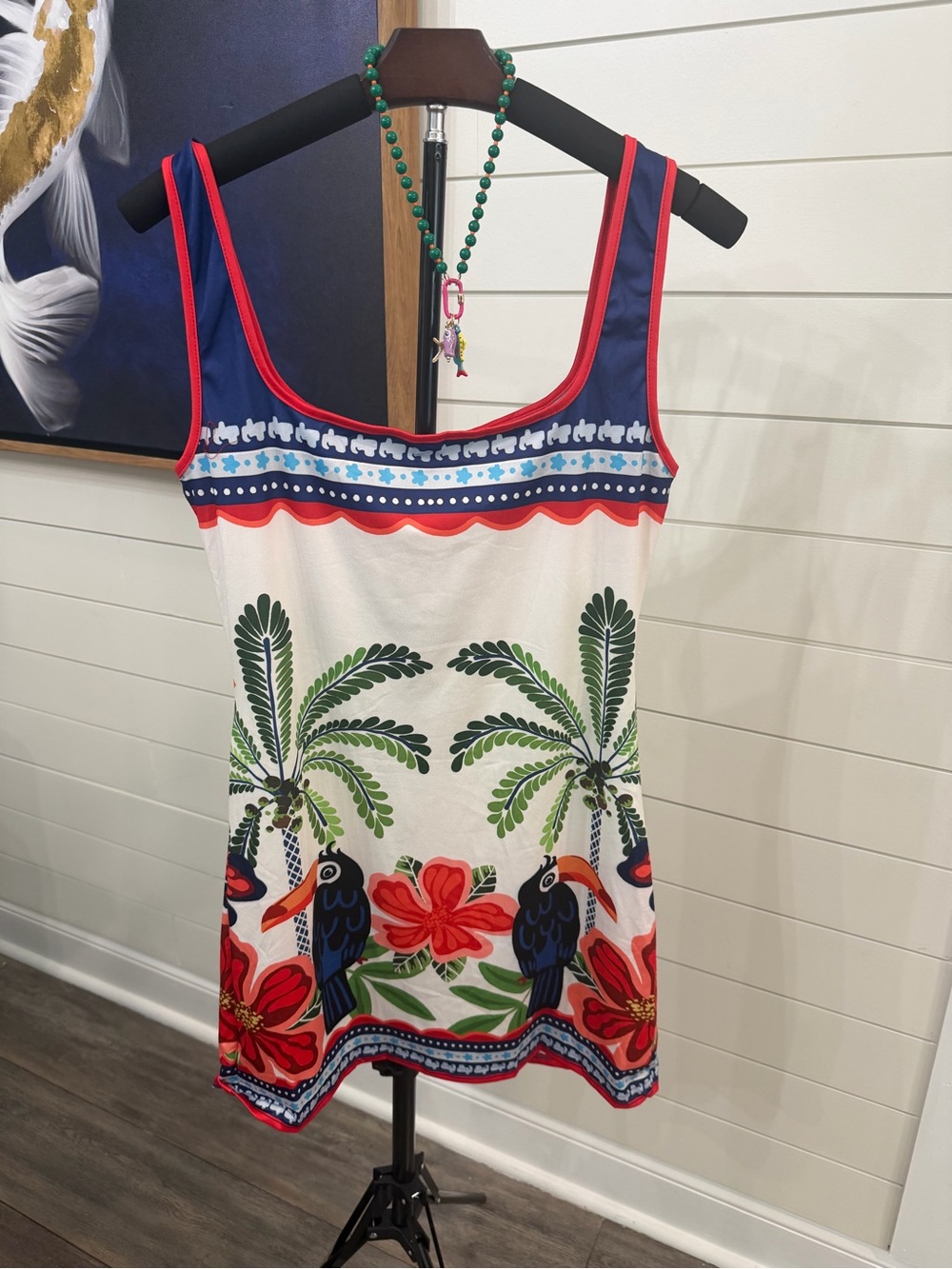 Tropical Palm Print Swim Tunic - White/Navy/Red with Necklace